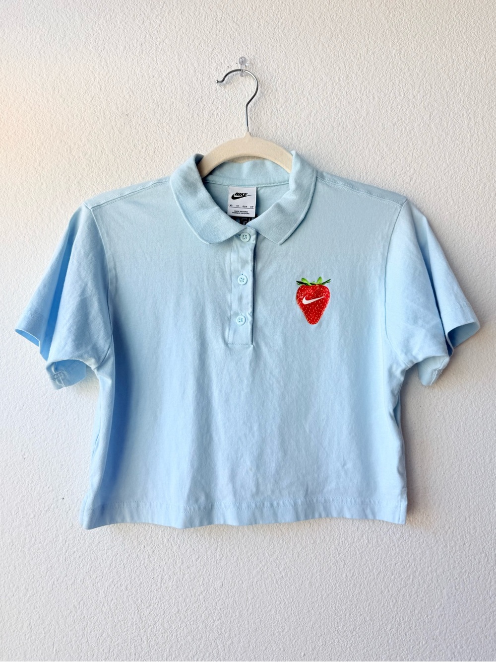 Nike Light Blue Cropped Polo with Red Strawberry Patch